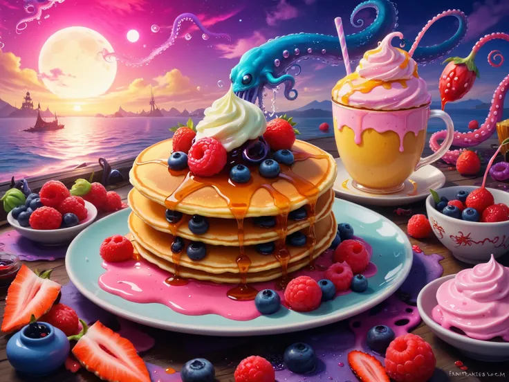 pancakes、fantasy、vivid color、Something scary inside, with a little tentacle sticking out