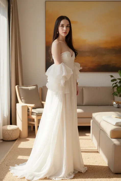 A woman with long, straight, dark hair wearing a flowing, off-shoulder white dress, standing in a modern indoor setting. The background features a cozy living space with a beige sofa, a wooden chair, and a large, abstract painting with warm tones of gold a...
