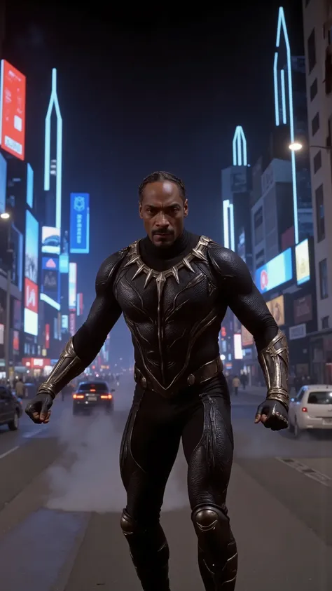 DVD screengrab from an early 2000s superhero movie with a horror film lighting style, featuring Snoop Dogg as Black Panther in a powerful warrior stance, fists clenched and raised in a defensive position, intense focus in his eyes, wearing a sleek vibraniu...