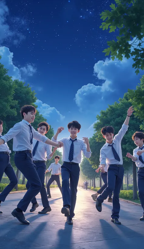 Male students in school uniforms are dancing in the park at night。