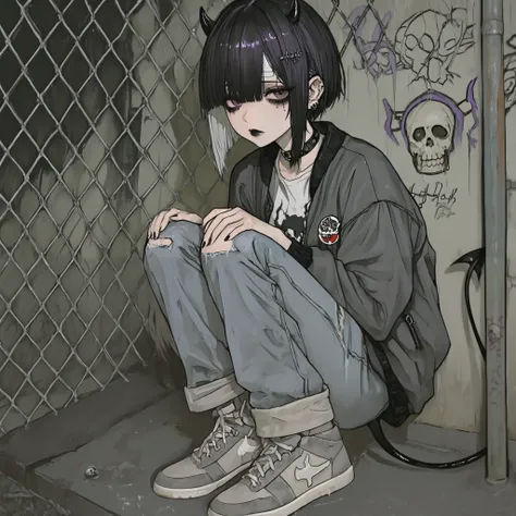 skinny tired girl is belong to emo/goth subculture. She has obsidian black hair with highlighted white strands , she has a wolf haircut and long bangs that hide half of her face. She has a lot of metal hairpins, barrette, hair clips on her bangs. Her ey...