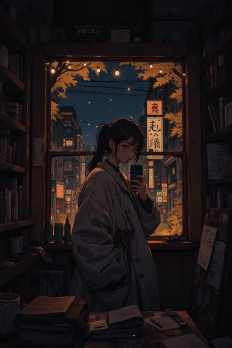 "A woman stands in a dimly lit room, holding up her phone to take a mirror selfie. She wears an oversized cozy coat, her dark hair slightly tousled, framing her face. The warm glow of fairy lights reflects softly in the mirror, casting a dreamy atmosphere....