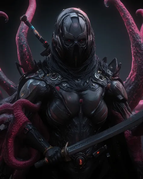 arafed man in a black battlesuit holding a sword and featureless full face mirror mask, inspired by Kanō Hōgai, cthulhu samurai, amazing 8k character concept art, cyberpunk samurai, very beautiful cyberpunk samurai, portrait of ninja slayer, cyborg ninja, ...