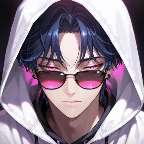 1 boy, very handsome, short hair, wavy dark blue hair, bangs, glowing pink eyes, half open eyes, eyelashes, black earrings, sunglasses, white jacket, hoodie up on head, dark background, shadow, detailed, face close up, front view, masterpiece