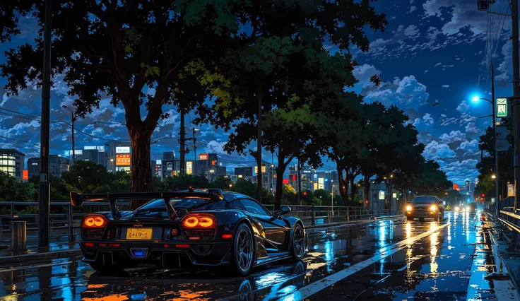 A jet-black Koenigsegg Jesko Absolut with electric blue underglow streaks through Tokyo’s Wangan Highway at midnight, weaving through light traffic at blistering speeds. The neon reflections from the city skyline dance along its sculpted carbon fiber body ...