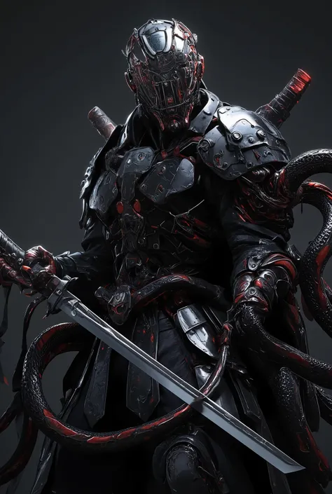 arafed man in a black battlesuit holding a sword and featureless full face mirror mask, inspired by Kanō Hōgai, cthulhu samurai, amazing 8k character concept art, cyberpunk samurai, very beautiful cyberpunk samurai, portrait of ninja slayer, cyborg ninja, ...