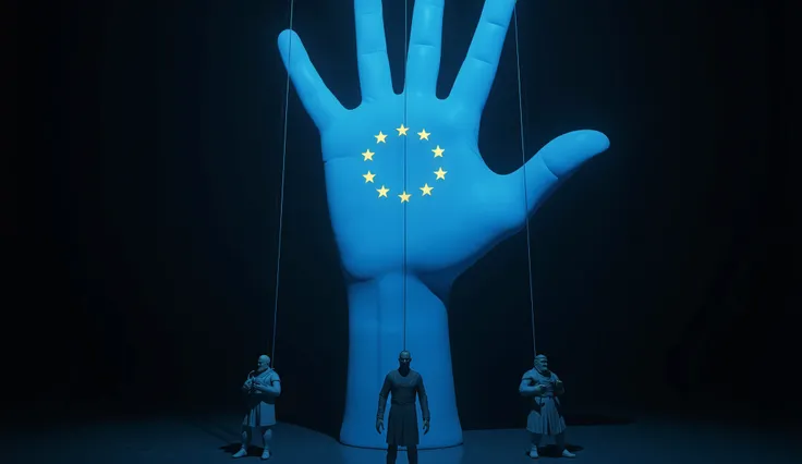 A surreal, photorealistic image of a massive, glowing blue hand descending from the sky, palm facing downward, fingers slightly curled. On the back of the hand are five bright yellow stars, arranged in a circle like the European Union flag. Each of the fiv...