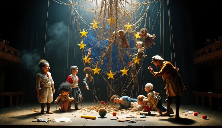 A dramatic, surreal scene of a puppet theater stage in chaos. The stage floats in darkness, with a large, torn European Union flag as the backdrop — its golden stars fraying, some missing.
On stage, dozens of marionettes, each styled after a different Eur...