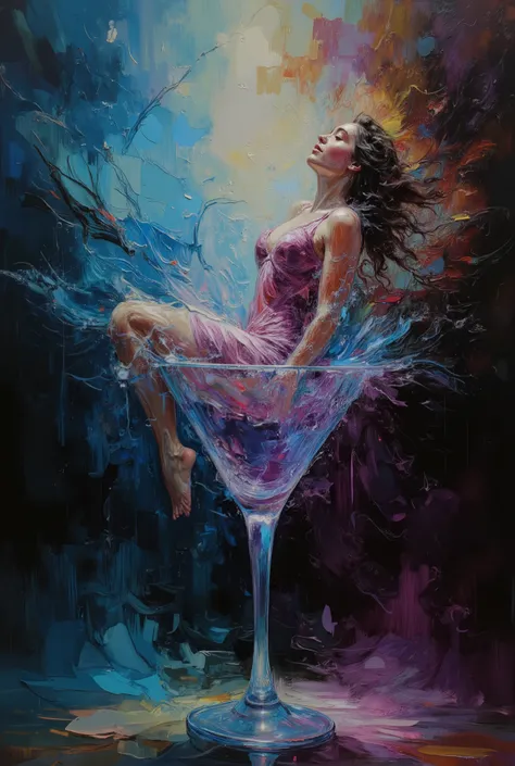 An oil painting inspired by the dramatic yet fluid style of Caravaggio, depicting a woman plunging into a large cocktail glass, her body surrounded by mist-like colored liquids swirling upwards. The rich color palette of deep blues and purples contrasts w...