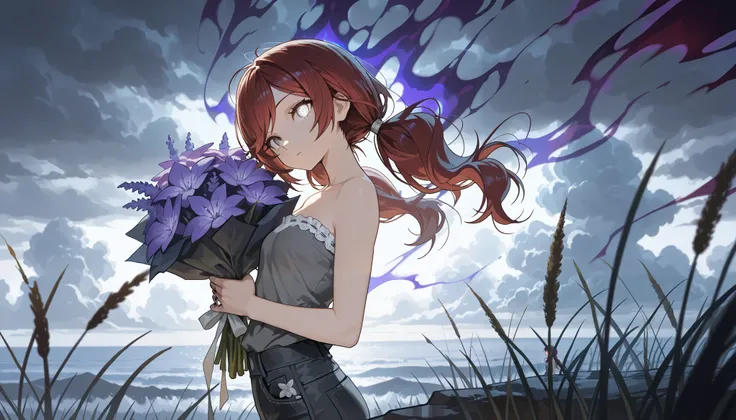 (masterpiece:1.2, Best Quality), (finely detailed beautiful eye: 1.2), (beautiful detailed face), (masterpiece:1.2, Best Quality), (finely detailed beautiful eye: 1.2), (beautiful detailed face),from side, looking out to sea, storm clouds, dark aura, dark ...