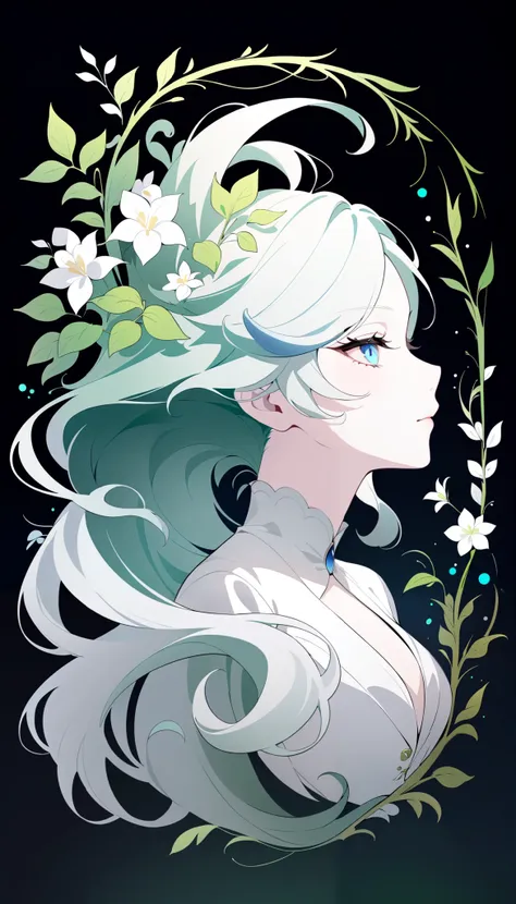 (Anime line drawing:1.5), (inverted colors:1.4), (negative space:1.6), minimalist, dark background, bright glowing lines. Furina from Genshin Impact, serene expression, graceful mask, flowing hair. Surround her with delicate glowing flowers, vines, and lea...
