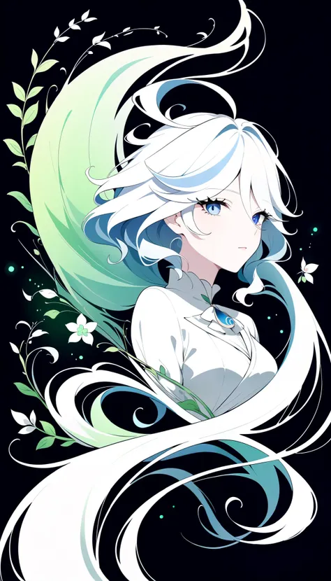 (Anime line drawing:1.5), (inverted colors:1.4), (negative space:1.6), minimalist, dark background, bright glowing lines. Furina from Genshin Impact, serene expression, graceful mask, flowing hair. Surround her with delicate glowing flowers, vines, and lea...