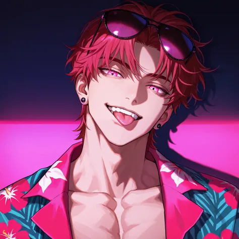 1 boy, very handsome, short hair, wavy red hair, bangs, middle part hair, glowing pink eyes, eyelashes, black earrings, sunglasses on hair, Hawaiian shirt, dark room, neon pink lighting, shadow, detailed, smiling, teeth, tongue out, full face, head tilt sl...