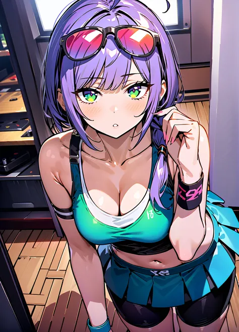 score_4,score_5,score_6,score_7_up,score_8_up,score_9 ((masterpiece,best quality,ultra detailed,highres,HD,4k:1.2)), 
1 girl,solo,face focus,
indoors,club,
pink eyes,green eyes,ahoge,low ponytail,headpones,sunglasses,eyewear on head,
tank top,wrist band,bi...