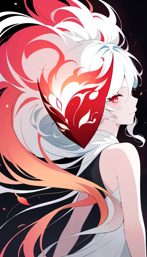 (Anime line drawing:1.5), (inverted colors:1.4), (negative space:1.6), minimalist, dark background, bright glowing lines. Furina from Genshin Impact, fierce yet graceful mask, flowing hair like rising flames. Surround her with delicate glowing lotus and fi...