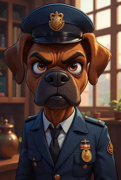 2-D art, cartoon style, old-school Disney, hand drawing, (best quality, masterpiece:1.2), side view, anthropomorphic, a Boxer dog with short hair, wearing english police uniform, police inspector, like a 1890s style, noire, simple lines, looking to camera,...