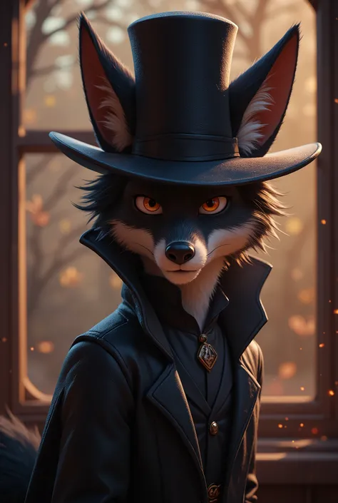 2-D art, cartoon style, old-school Disney, hand drawing, (best quality, masterpiece:1.2), side view, anthropomorphic, a black Fox with short hair, wearing long black coat and black cylinder hat, crime leader, like a 1890s style, noire, simple lines, lookin...