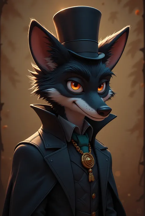 2-D art, cartoon style, old-school Disney, hand drawing, (best quality, masterpiece:1.2), side view, anthropomorphic, a black Fox with short hair, wearing long black coat and black cylinder hat, crime leader, like a 1890s style, noire, simple lines, lookin...