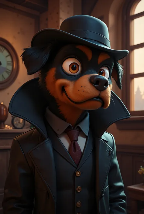 2-D art, cartoon style, old-school Disney, hand drawing, (best quality, masterpiece:1.2), side view, anthropomorphic, a Rottweiler dog with short hair, wearing long black coat and black cylinder hat, crime leader, like a 1890s style, noire, simple lines, l...