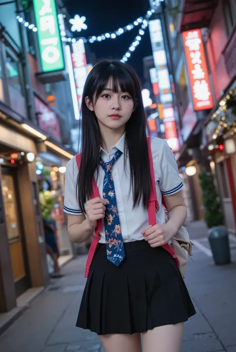"A young girl with an edgy, rebellious style in her school uniform strolling through Gangnam's bustling streets at Christmas. Her tie is loosened, and she carries a backpack slung over one shoulder. The neon signs and holiday decorations around her highlig...