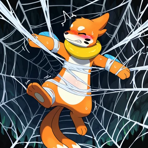 feral buizel, orange skin, white belly, bounded limbs, pain, close eyes, blush, caught in thick spider web, white sticky spider web, spread limbs wide, dark cave background