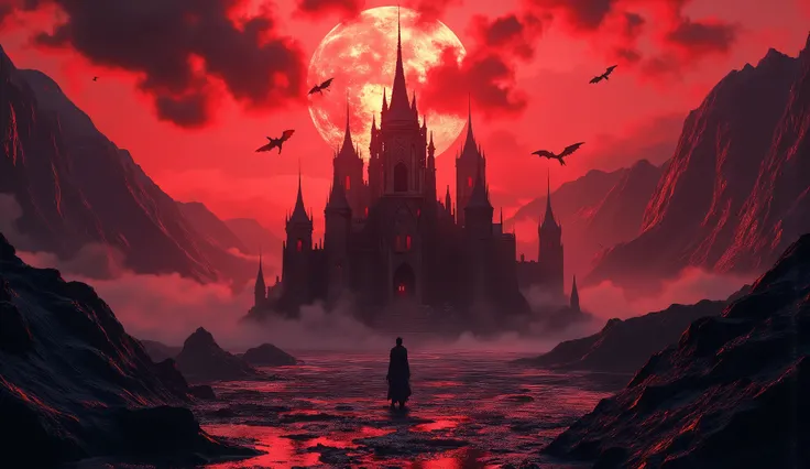 Demon Realm where adventures take place、Scary landscape、Rotten Lake、Demon Castle with a fearless exterior、Giant Mountain々、Light red sky、phantom beasts and dragons fly around、greatest masterpiece、ultra high definition、realistic texture