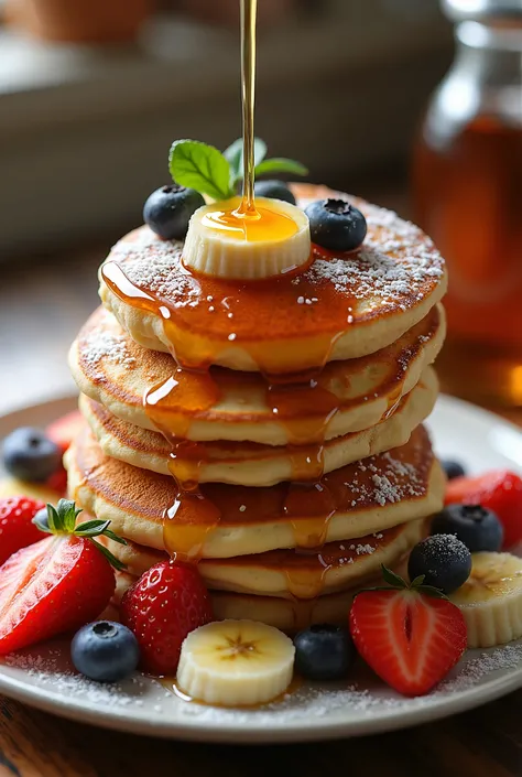 and has a fluffy thickness that conveys the softness of freshly baked goods。 It's plump like a souffle pancake,evenly browned surface,
slightly crispy edges and、contrast between moist ones,sprinkled with plenty of maple syrup from above、Feeling dripping,bu...