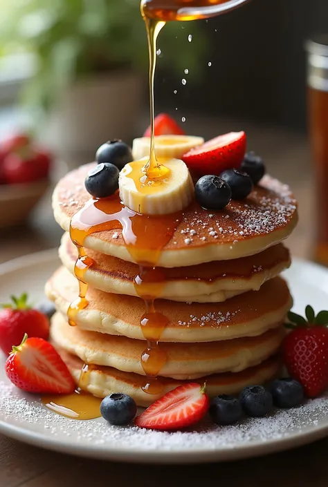 and has a fluffy thickness that conveys the softness of freshly baked goods。 It's plump like a souffle pancake,evenly browned surface,
slightly crispy edges and、contrast between moist ones,sprinkled with plenty of maple syrup from above、Feeling dripping,bu...