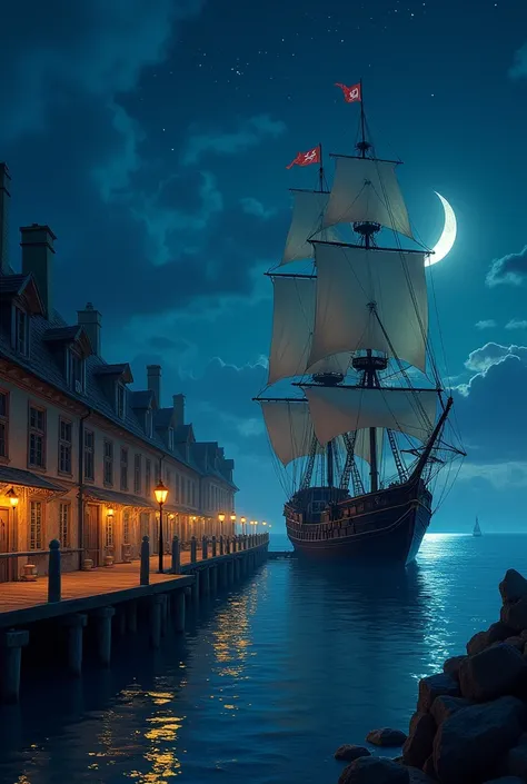 Prompt:  
"Create a detailed illustration of a majestic sailing ship with three masts and square sails, sailing under a night sky illuminated by a crescent moon and bright stars. The ship should be surrounded by a calm, reflective sea, with a wooden dock i...