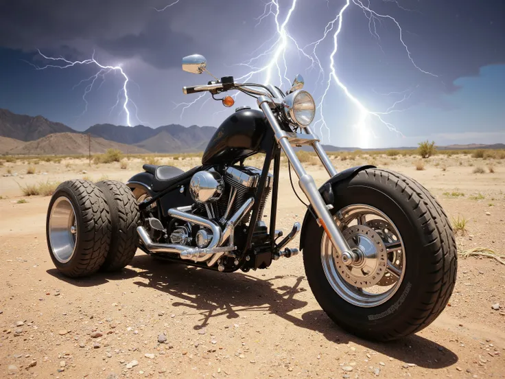 Create a photo-realistic image of an extreme, vintage, monster chopper. It has extreme tires with polished chrome rims. The engine and exhaust are designed in chrome. The midday sun shows the black and chrome chopper design . The sky is extreme in color, w...