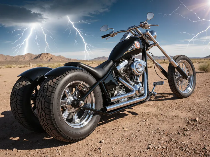 Create a photo-realistic image of an extreme, vintage, monster chopper. It has extreme tires with polished chrome rims. The engine and exhaust are designed in chrome. The midday sun shows the black and chrome chopper design . The sky is extreme in color, w...
