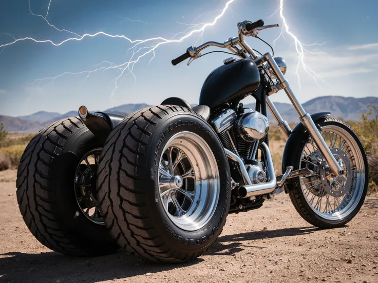 Create a photo-realistic image of an extreme, vintage, monster chopper. It has extreme tires with polished chrome rims. The engine and exhaust are designed in chrome. The midday sun shows the black and chrome chopper design . The sky is extreme in color, w...