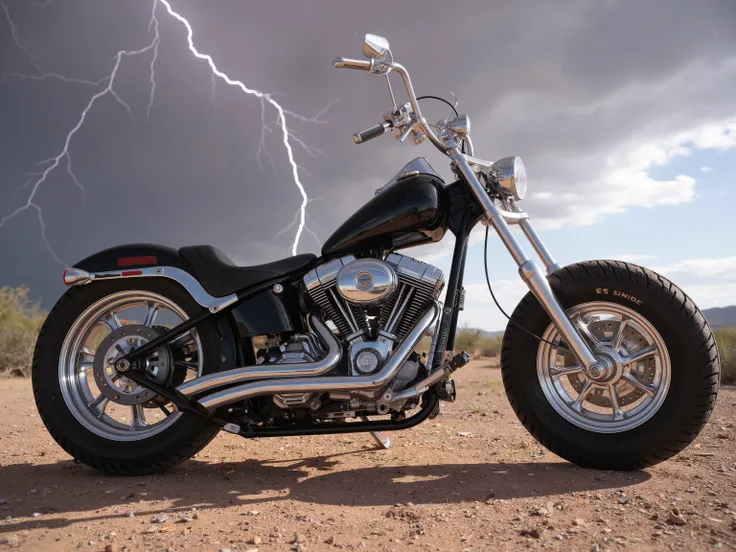 Create a photo-realistic image of an extreme, vintage, monster chopper. It has extreme tires with polished chrome rims. The engine and exhaust are designed in chrome. The midday sun shows the black and chrome chopper design . The sky is extreme in color, w...