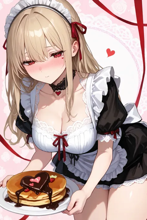 1girl Alone , Beautiful Thighs、puff sleeve、(masterpiece, detailed:1.2),. Collarbone. Bending forward.
red ribbon、cowboy shot, maid clothes、clavicle、white lace pattern background、Winking,. Blush.
heart、Puff sleeves. Holding a plate with pancakes on it., pa...