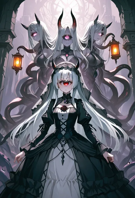Two-headed woman. ((Twin heads)) ((Cyclops Eye)) Silver hair. Long hair. Gothic dress. Black and white dress. Horns on her head. Mono-eye. Veil. Tentacles from behind. Tentacles with mouths. Lantern. A broken castle. Ruins.