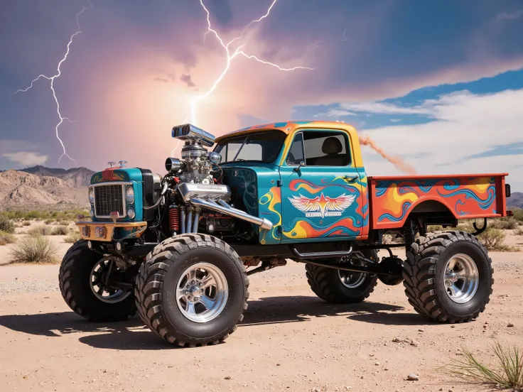 Create a photorealistic image of an extreme, OFF ROAD, vintage pickup with a lifted frame. The design is extreme and very colorful. The paint style is custom and unique. It has monster tires in the rear. The rims are polished chrome. The engine is exposed ...