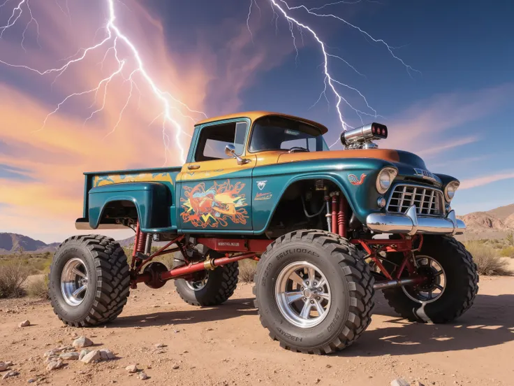 Create a photorealistic image of an extreme, OFF ROAD, vintage pickup with a lifted frame. The design is extreme and very colorful. The paint style is custom and unique. It has monster tires in the rear. The rims are polished chrome. The engine is exposed ...