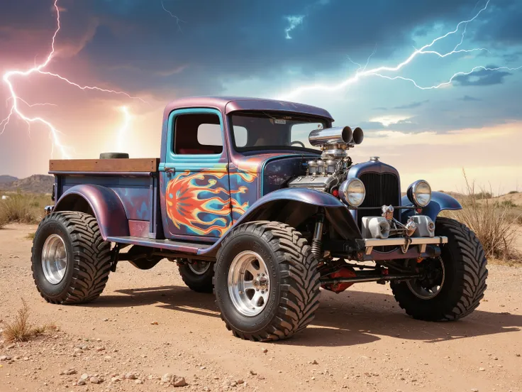 Create a photorealistic image of an extreme, OFF ROAD, vintage pickup with a lifted frame. The design is extreme and very colorful. The paint style is custom and unique. It has monster tires in the rear. The rims are polished chrome. The engine is exposed ...