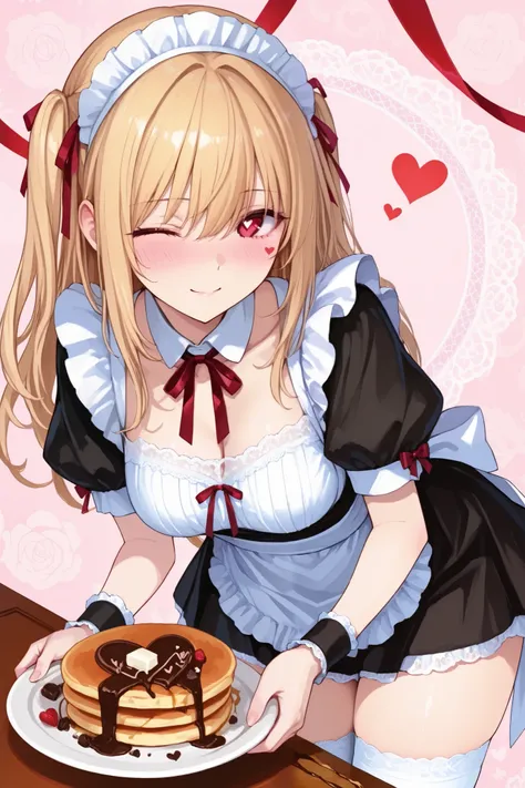 1girl Alone ,((red ribbon)), Beautiful Thighs、puff sleeve、(masterpiece, detailed:1.2),. Collarbone. Bending forward.
、cowboy shot, maid clothes、clavicle、white lace pattern background、Winking,. Blush. Looking at the viewer with an upward glance.
heart、Puff...