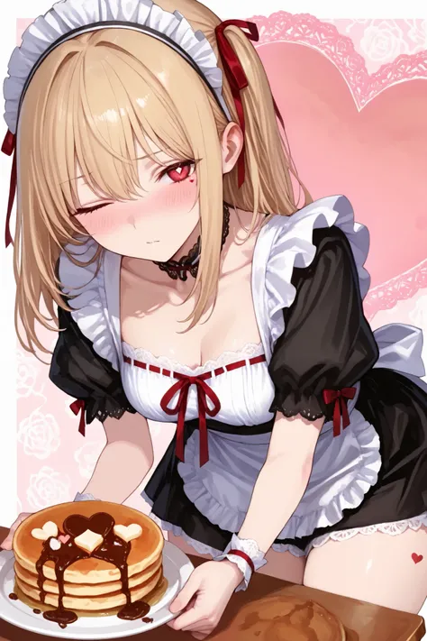 1girl Alone ,((red ribbon)), Beautiful Thighs、 ((Expressing affection with pancakes)).,puff sleeve、(masterpiece, detailed:1.2),. Collarbone. Bending forward.. White wristband.
、cowboy shot, maid clothes、clavicle、white lace pattern background、Winking,. Bl...