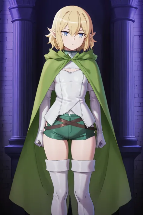NSFW,masterpiece,best quality,high resolution,very detailed,Ryuu Lion(is it wrong to try to meet someone in a dungeon),short hair、blond hair、hair between his eyes、pointed ears、blue eyes,Combat Uniform、green cape、white leotard、clothing cutouts、Elbow hand po...