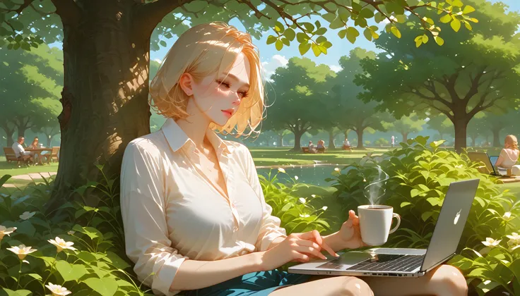 "A beautiful face and nice body, a woman sitting under a tree in a park, working on her laptop." She is wearing comfortable outdoor clothes, with a coffee tumbler beside her. The peaceful natural surroundings create a calming and focused work environment.
