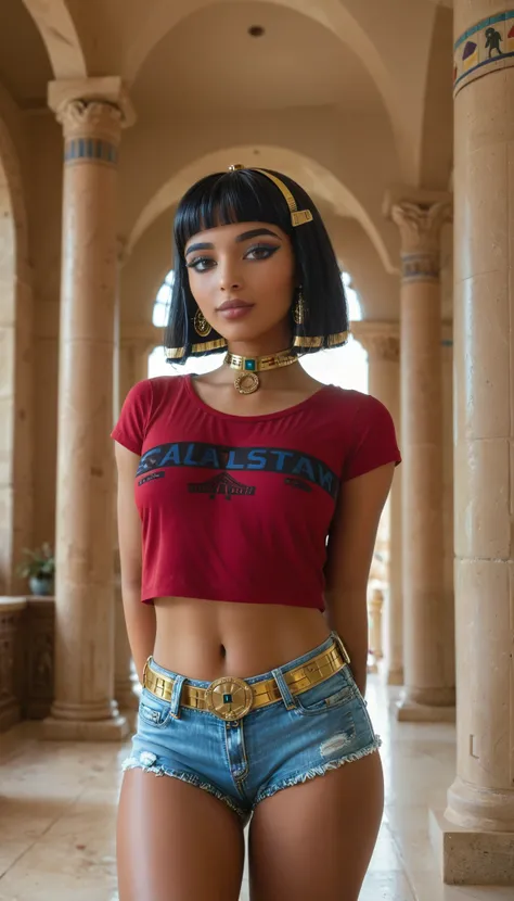 Very beautiful and cute Queen Cleopatra, hands behind back, Cleopatra style, queen, brunette, ancient Egyptian style, Egyptian face type, very tanned, dark-skinned, model, brown eyes, dimples, Cleopatra hairstyle, bob hairstyle with straight bangs, bangs a...