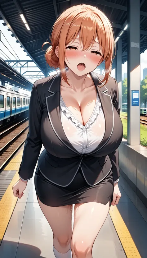 best quality,8k,1girl,(huge breasts),small head,(blush,half-closed eyes,torogao),open mouth,saliva,yuigahama yui's mother, orange hair, single hair bun, black suit,business suit, white shirt, frilled shirt,cleavage,pencil skirt, medium skirt,black skirt,wh...