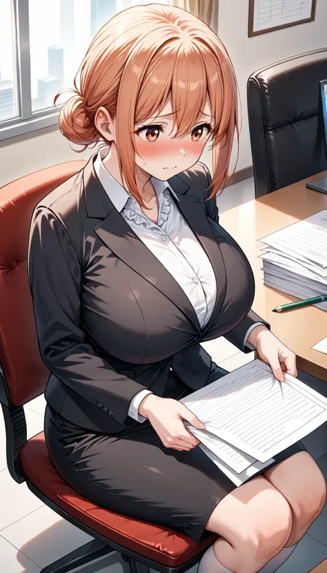 best quality,8k,1girl,(huge breasts),small head,(blush,worried),,yuigahama yui's mother, orange hair, single hair bun,office lady, black suit,business suit, white shirt, frilled shirt,pencil skirt, medium skirt,black skirt,white kneehighs,Organizing papers...