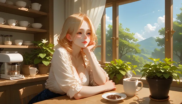 "A cozy café filled with lush green plants, warm sunlight streaming through large windows, wooden furniture, and a relaxing atmosphere. The café has a rustic and modern design, with a coffee machine on the counter, shelves filled with coffee beans and mugs...