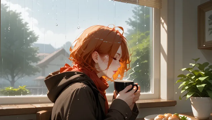 "A cozy café on a rainy afternoon, with large windows covered in raindrops and the scent of freshly brewed coffee filling the air. A beautiful woman with a thoughtful expression sits by the window, stirring her cup of coffee while gazing outside at the rai...
