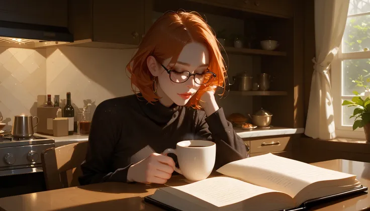 "A dimly lit café at night, illuminated by soft candlelight and a few hanging Edison bulbs. A beautiful woman with a mysterious aura sits in the corner, sipping black coffee while reading a novel. She wears a dark turtleneck and glasses, her intense gaze f...