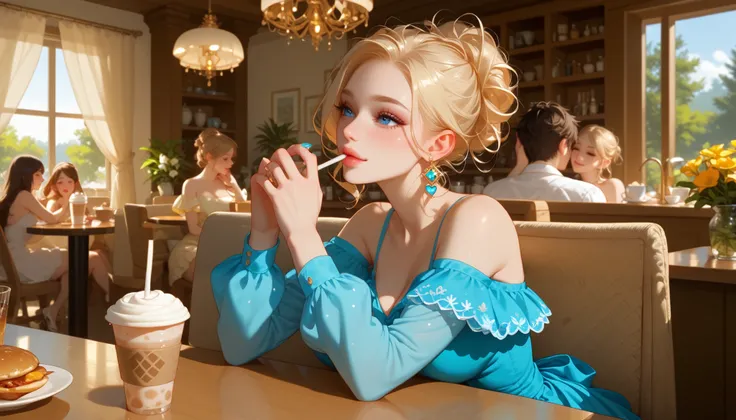 "A cozy café bathed in golden sunset light, with fairy lights twinkling in the corners and gentle jazz music playing. A beautiful woman with soft eyes and a dreamy expression sits at a wooden table, sipping a latte as she waits for someone. She wears a flo...
