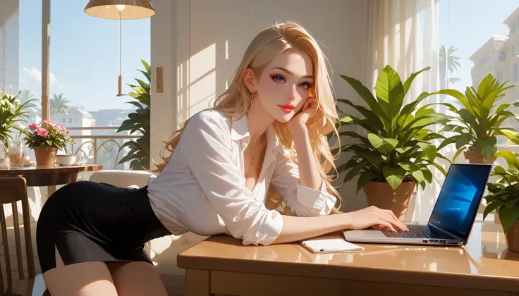 "A stylish modern café with sleek wooden furniture, hanging pendant lights, and neatly arranged potted plants. A beautiful woman in an elegant white blouse and black skirt sits at a clean, minimalist table, working on her laptop while sipping espresso. Her...